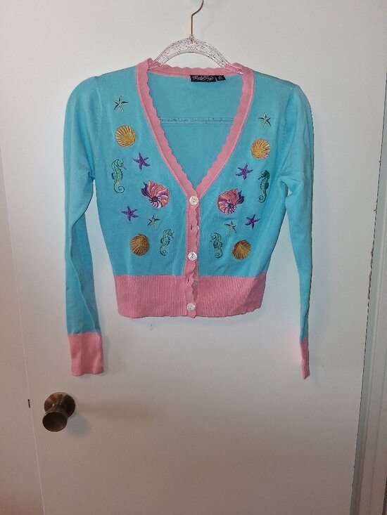 Voodoo Vixen Sweaters - Turquoise Pink Cardigan, S